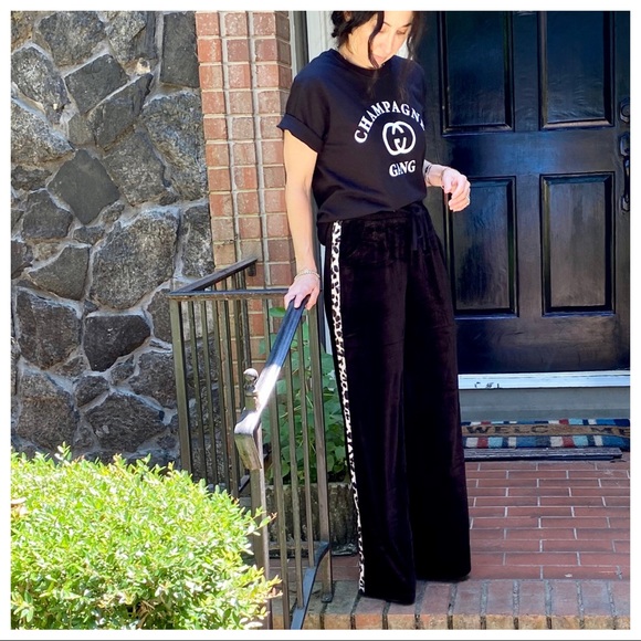 BLACK VELVET WIDE LEG PANTS W/LEOPARD SIDE TRIM - Picture 9 of 16